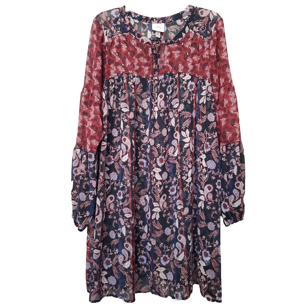 Knox Rose Sheer Paisley Floral Embellished Tie-Neck Balloon Sleeve Shift DressXL